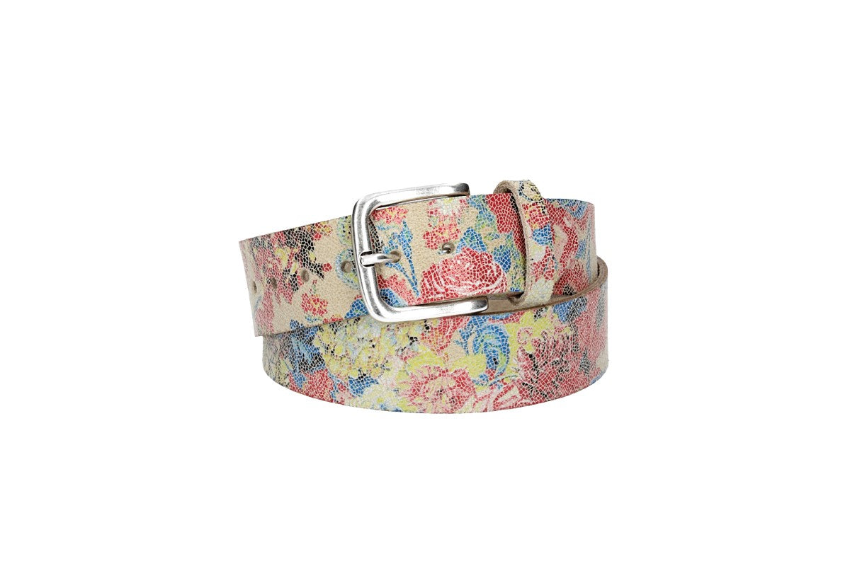 Ledergürtel Kids 30mm in Beige mit floralem Muster und Schließe Silber - leder-accessoires.com