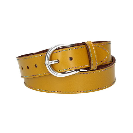 Ledergürtel Kids 25mm in Gelb mit Multicolornaht und Dornschließe in Silber - leder-accessoires.com
