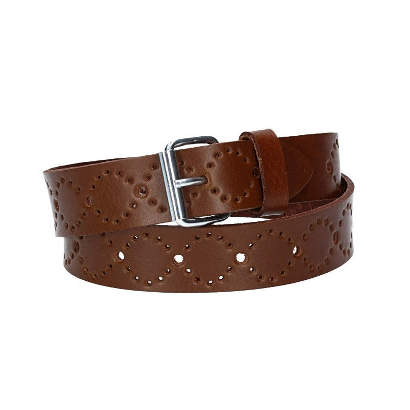 Ledergürtel Kids 25mm in Cognac mit Lochmuster und Rollschließe in Silber - leder-accessoires.com