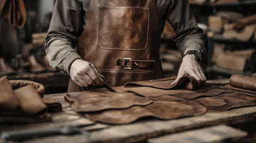 Sattler bei der Handarbeit an einem Lederstück in einer Werkstatt mit traditionellen Werkzeugen.