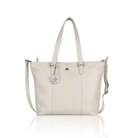 Weißer Ledershopper im Querformat mit Reißverschluss und Schulterriemen