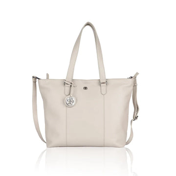 Weißer Ledershopper im Querformat mit Reißverschluss und Schulterriemen