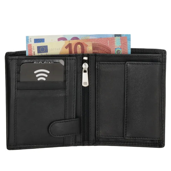 Geldbörse Hochformat 9,5 x 12cm in Schwarz aus Leder mit Riegel innen - leder-accessoires.com