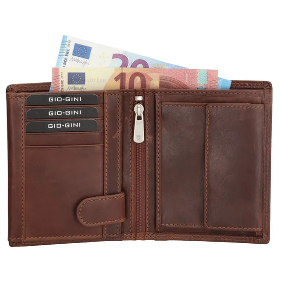 Geldbörse Hochformat 9,5 x 12cm in Braun aus Leder mit Riegel innen - leder-accessoires.com