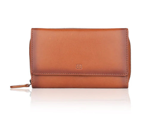 Cognacfarbene Leder-Damenbörse Bellicci mit Überschlag und Knopfverschluss