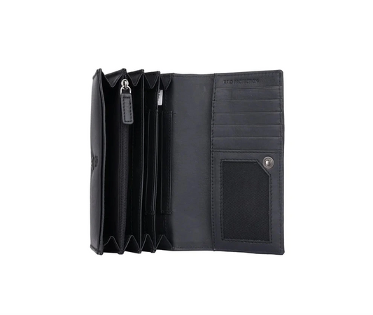 Elegante schwarze Damen-Geldbörse aus echtem Vollrindleder im Querformat, 17x10 cm, mit Überschlag, Druckknopfverschluss und Reißverschlussfach auf der Rückseite.