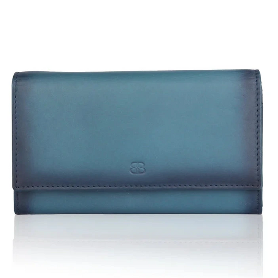 Elegante blaue Damenbörse aus hochwertigem Vollrindleder im Querformat 17x10 cm mit Überschlag und Reißverschlussfach.