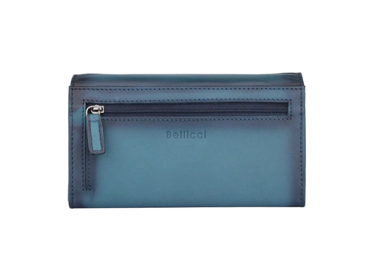 Damen-Geldbörse in Blau mit Klappenverschluss, 11 Kartenfächern und Reißverschlussfach auf der Rückseite, aus echtem Leder.