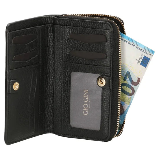 Lederbörse 16x10,5cm in Schwarz mit Reißverschluss- und Druckknopffach - leder-accessoires.com