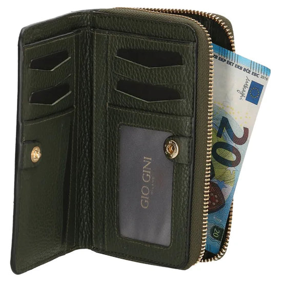 Lederbörse 16x10,5cm in Oliv mit Reißverschluss- und Druckknopffach - leder-accessoires.com