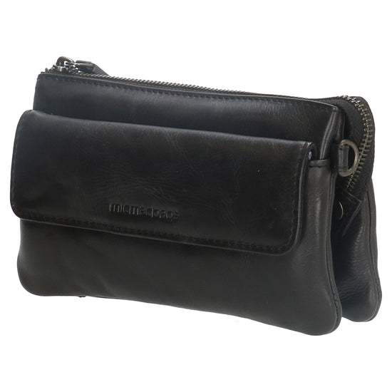 Umhängetasche| Mini Bag 20,5 x 12cm in Schwarz aus Leder mit Vortasche - leder-accessoires.com