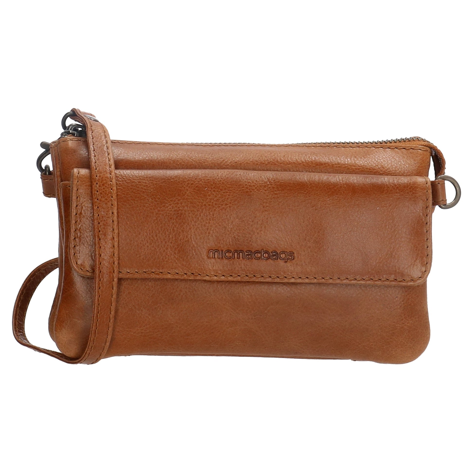 Umhängetasche| Mini Bag 20,5 x 12cm in Cognac aus Leder mit Vortasche - leder-accessoires.com