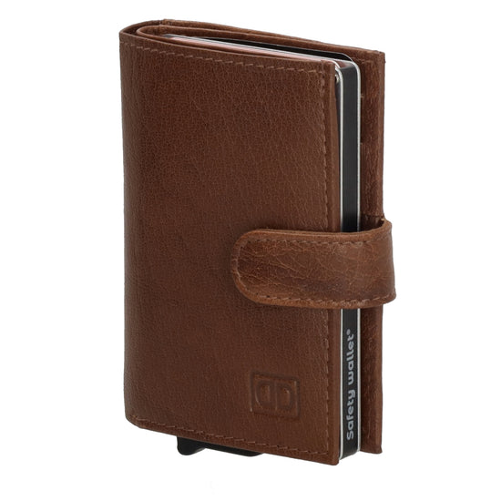Kartenetui| Safty Wallet 7x10cm in Cognac mit Druckknopf - leder-accessoires.com