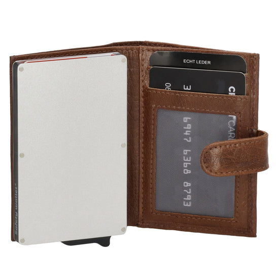 Kartenetui| Safty Wallet 7x10cm in Cognac mit Druckknopf - leder-accessoires.com