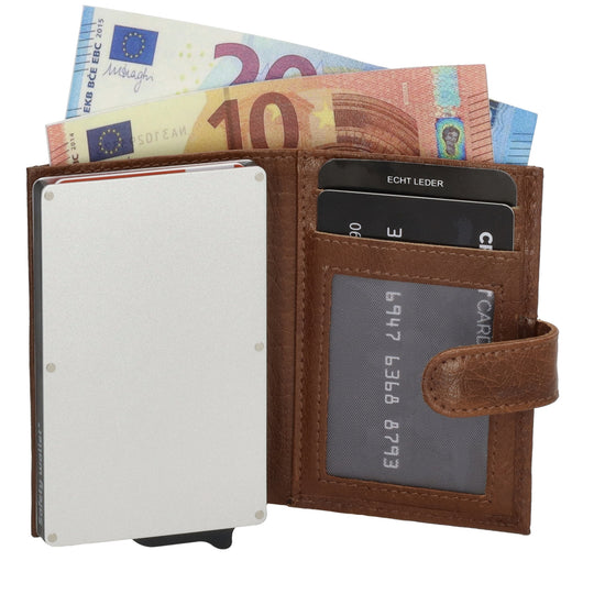Kartenetui| Safty Wallet 7x10cm in Cognac mit Druckknopf - leder-accessoires.com