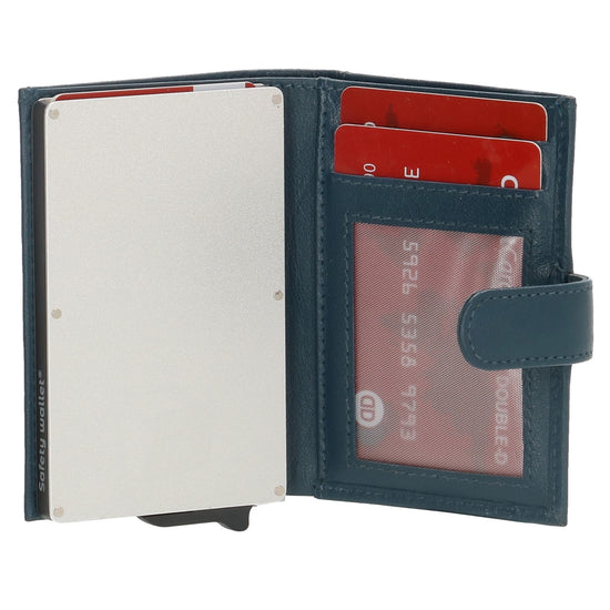 Kartenetui| Safty Wallet 7x10cm in Petrol mit Druckknopf - leder-accessoires.com