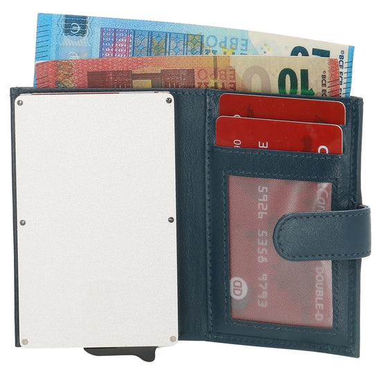 Kartenetui| Safty Wallet 7x10cm in Petrol mit Druckknopf - leder-accessoires.com