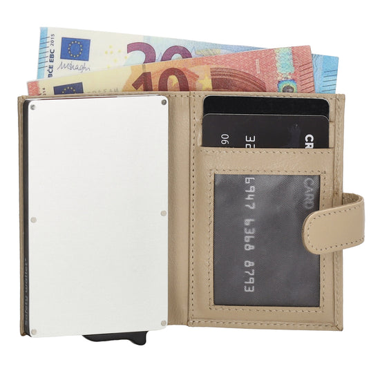 Kartenetui| Safty Wallet 7x10cm in Beige|Taupe mit Druckknopf - leder-accessoires.com