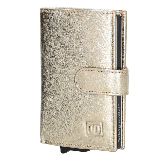 Kartenetui| Safty Wallet 7x10cm in Gold mit Druckknopf - leder-accessoires.com