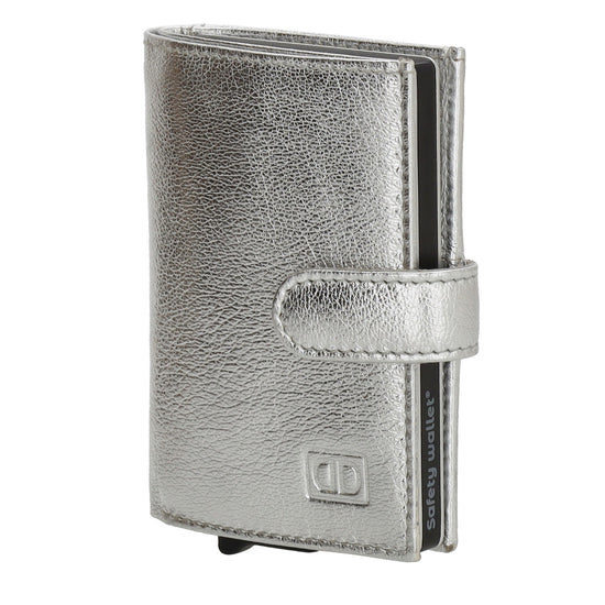Kartenetui| Safty Wallet 7x10cm in Silber mit Druckknopf - leder-accessoires.com