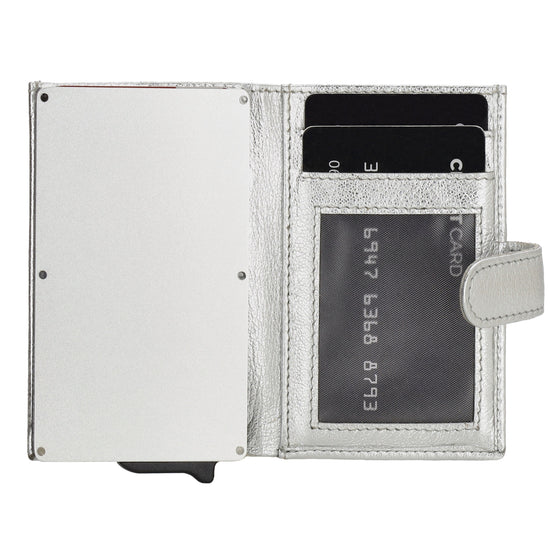 Kartenetui| Safty Wallet 7x10cm in Silber mit Druckknopf - leder-accessoires.com