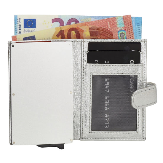 Kartenetui| Safty Wallet 7x10cm in Silber mit Druckknopf - leder-accessoires.com