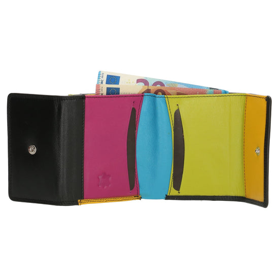 Lederbörse bunt 10,5x8,5cm in Schwarz mit Überschlag und RFID-Schutz - leder-accessoires.com