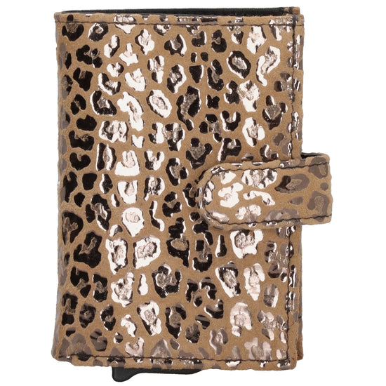 Kartenetui| Safty Wallet 7x10cm in Leo-Optik Beige-Metallic mit Druckknopf - leder-accessoires.com