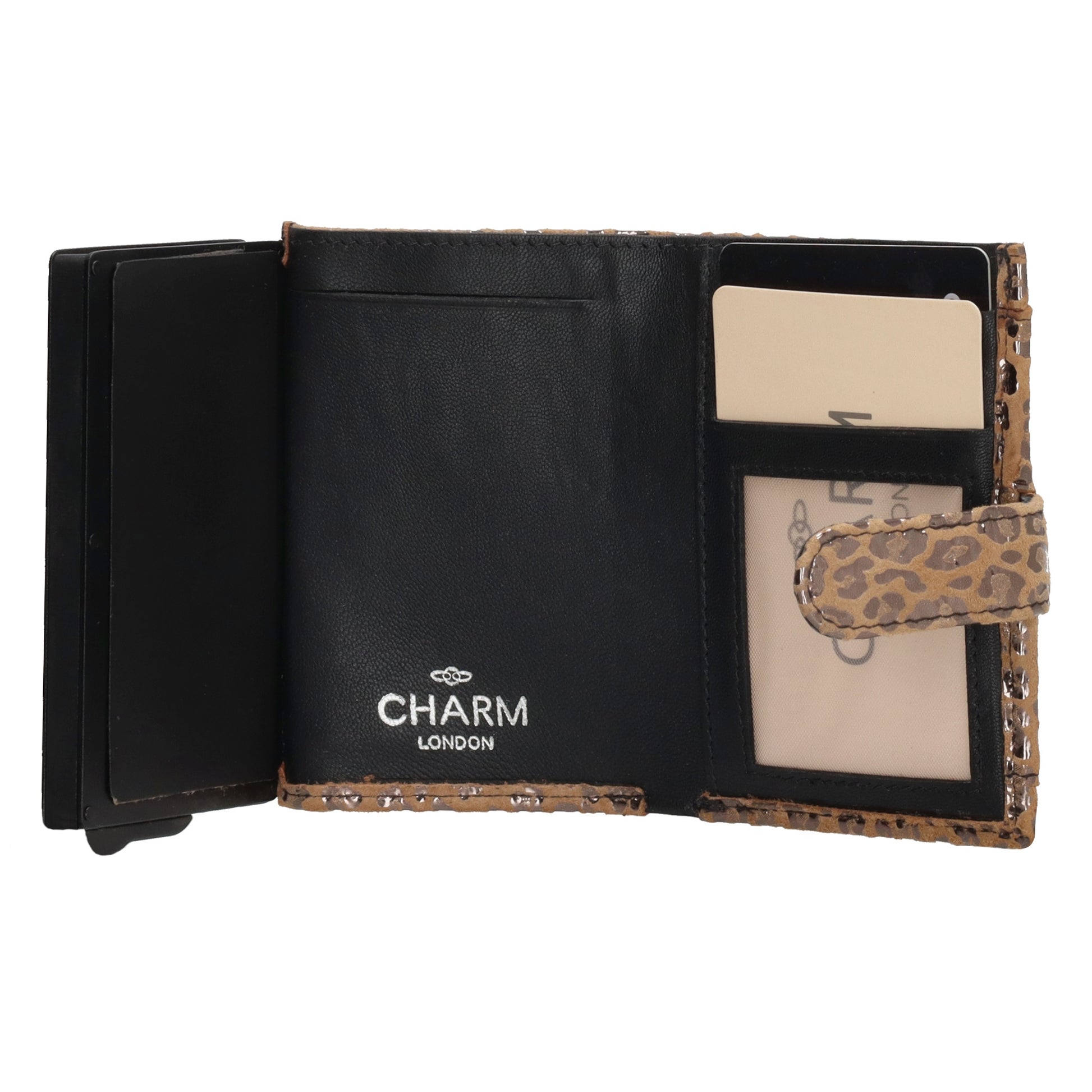 Kartenetui| Safty Wallet 7x10cm in Leo-Optik Beige-Metallic mit Druckknopf - leder-accessoires.com