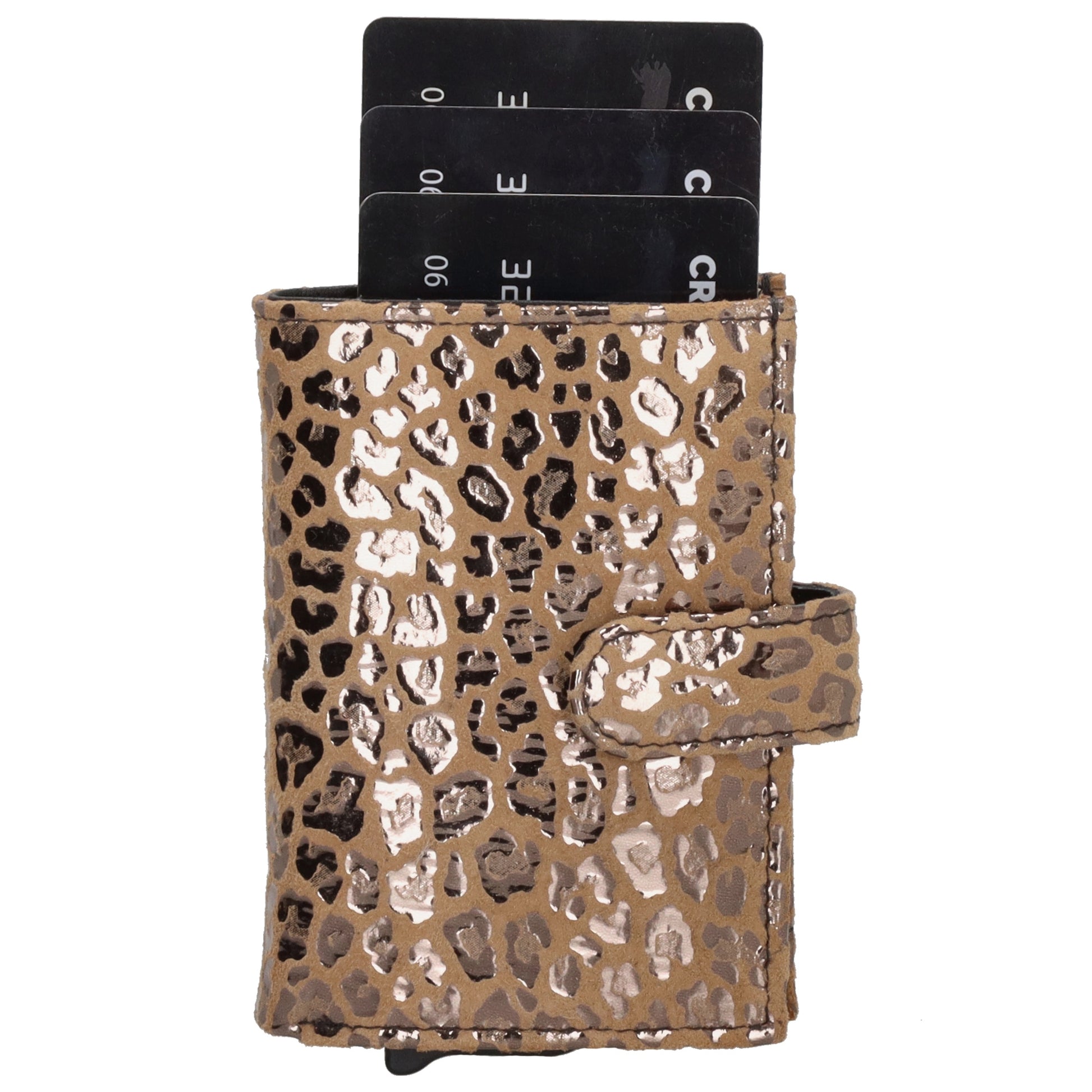 Kartenetui| Safty Wallet 7x10cm in Leo-Optik Beige-Metallic mit Druckknopf - leder-accessoires.com
