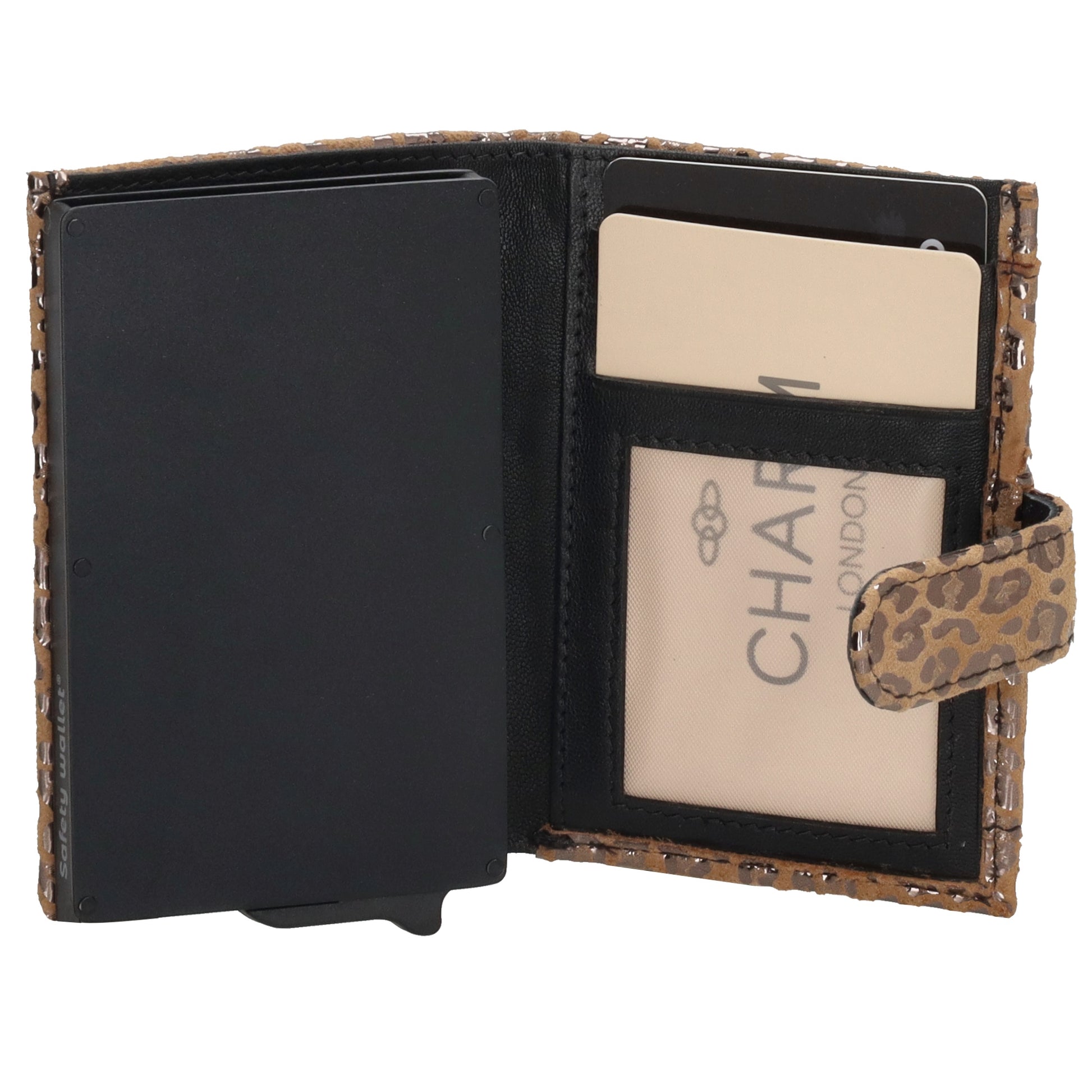 Kartenetui| Safty Wallet 7x10cm in Leo-Optik Beige-Metallic mit Druckknopf - leder-accessoires.com
