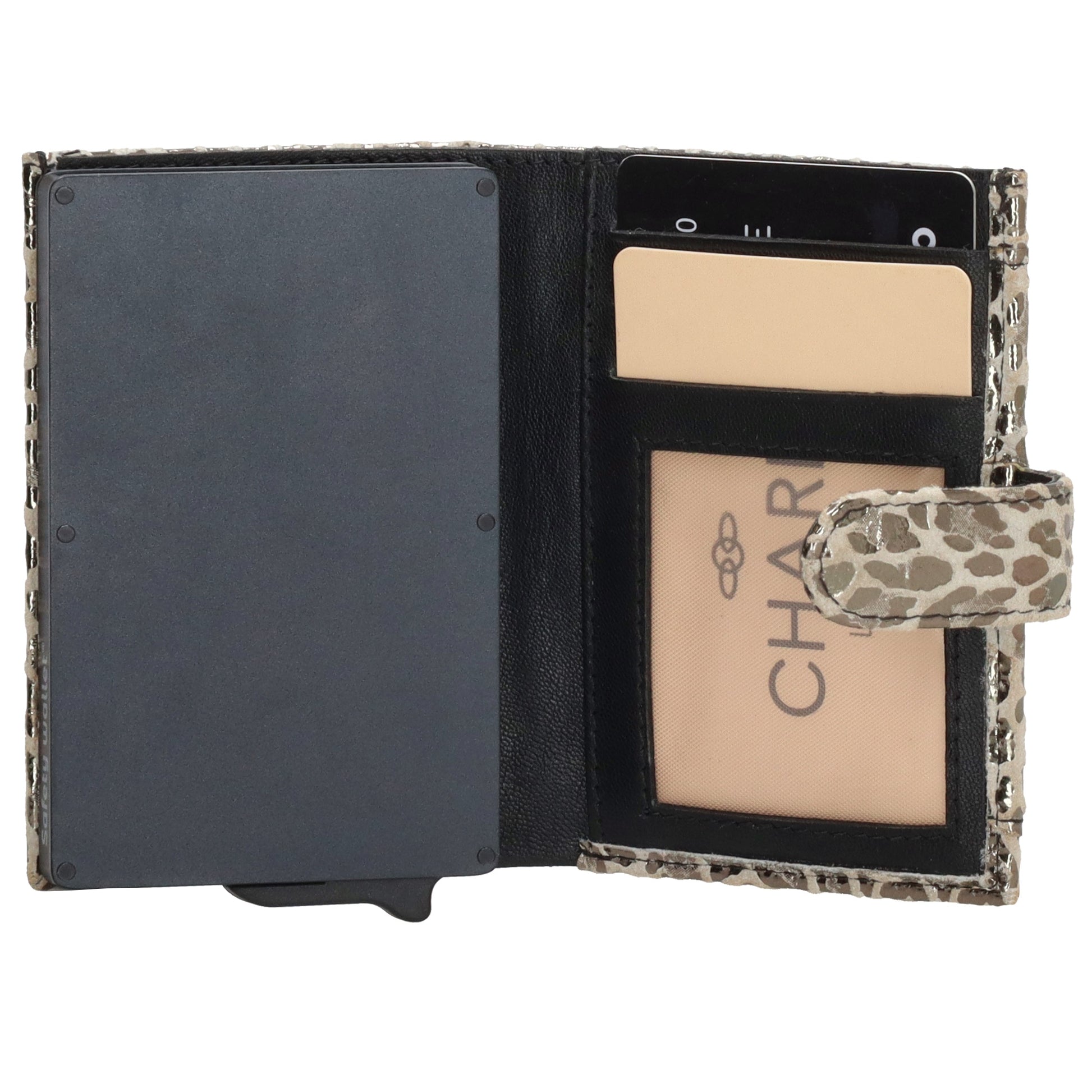 Kartenetui| Safty Wallet 7x10cm in Leo-Optik Weiß-Metallic mit Druckknopf - leder-accessoires.com