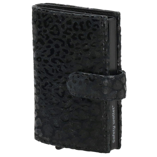 Kartenetui| Safty Wallet 7x10cm in Leo-Optik Schwarz-Metallic mit Druckknopf - leder-accessoires.com