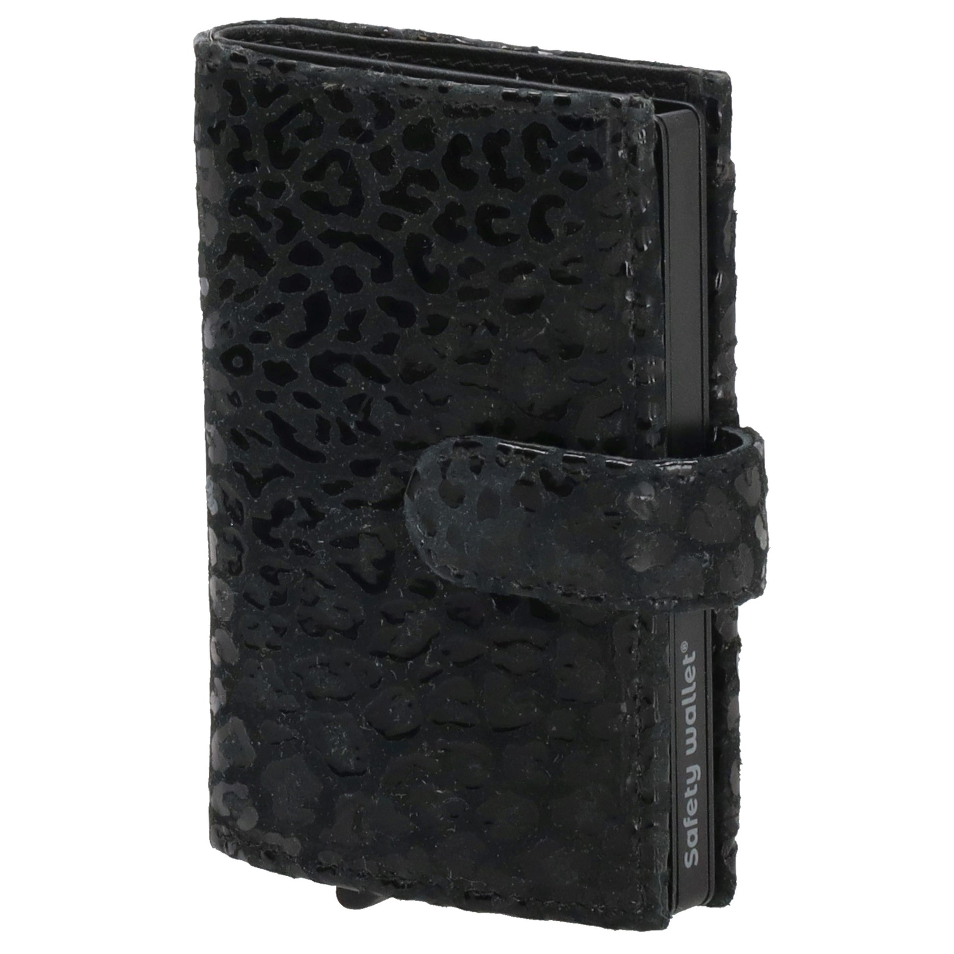 Kartenetui| Safty Wallet 7x10cm in Leo-Optik Schwarz-Metallic mit Druckknopf - leder-accessoires.com