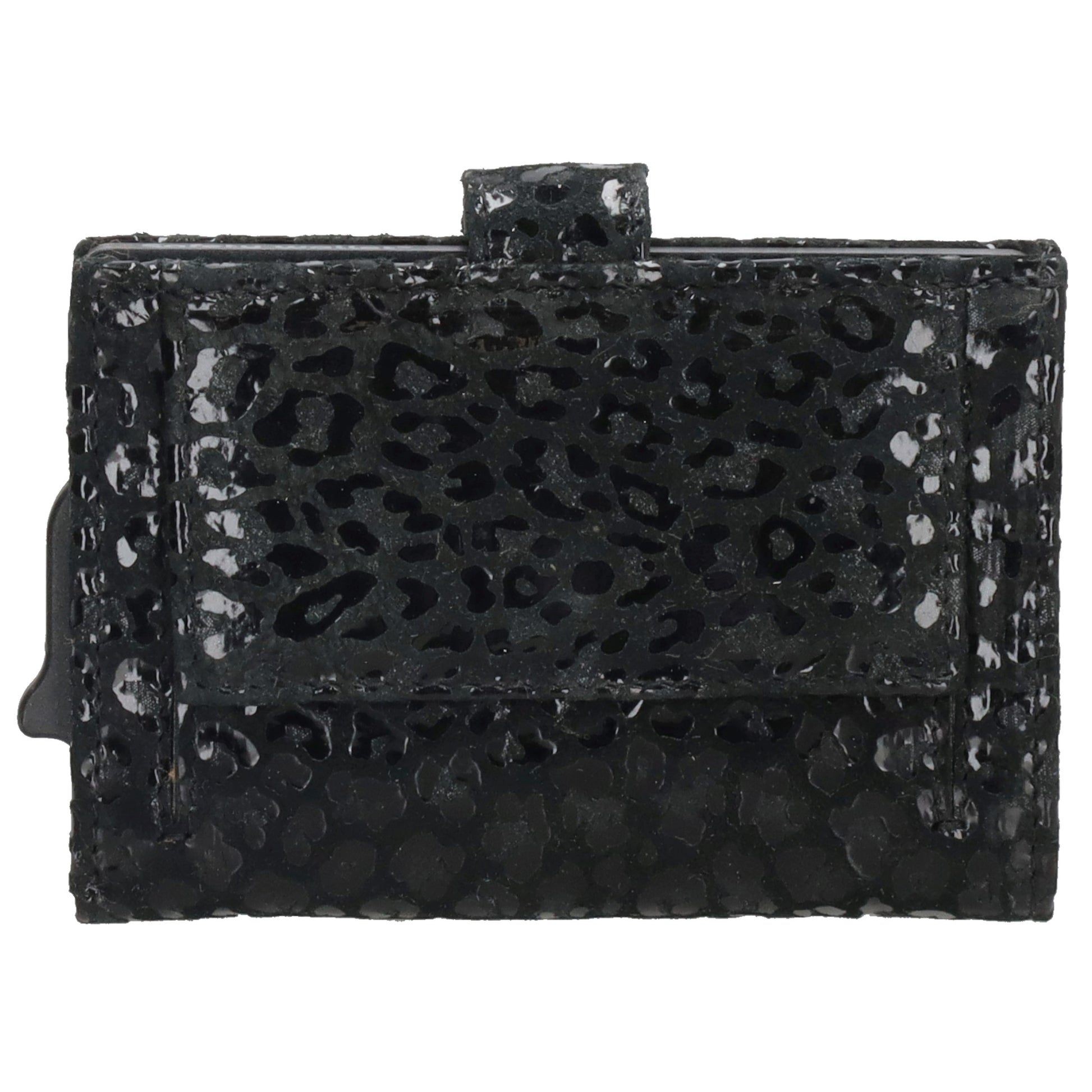 Kartenetui| Safty Wallet 7x10cm in Leo-Optik Schwarz-Metallic mit Druckknopf - leder-accessoires.com