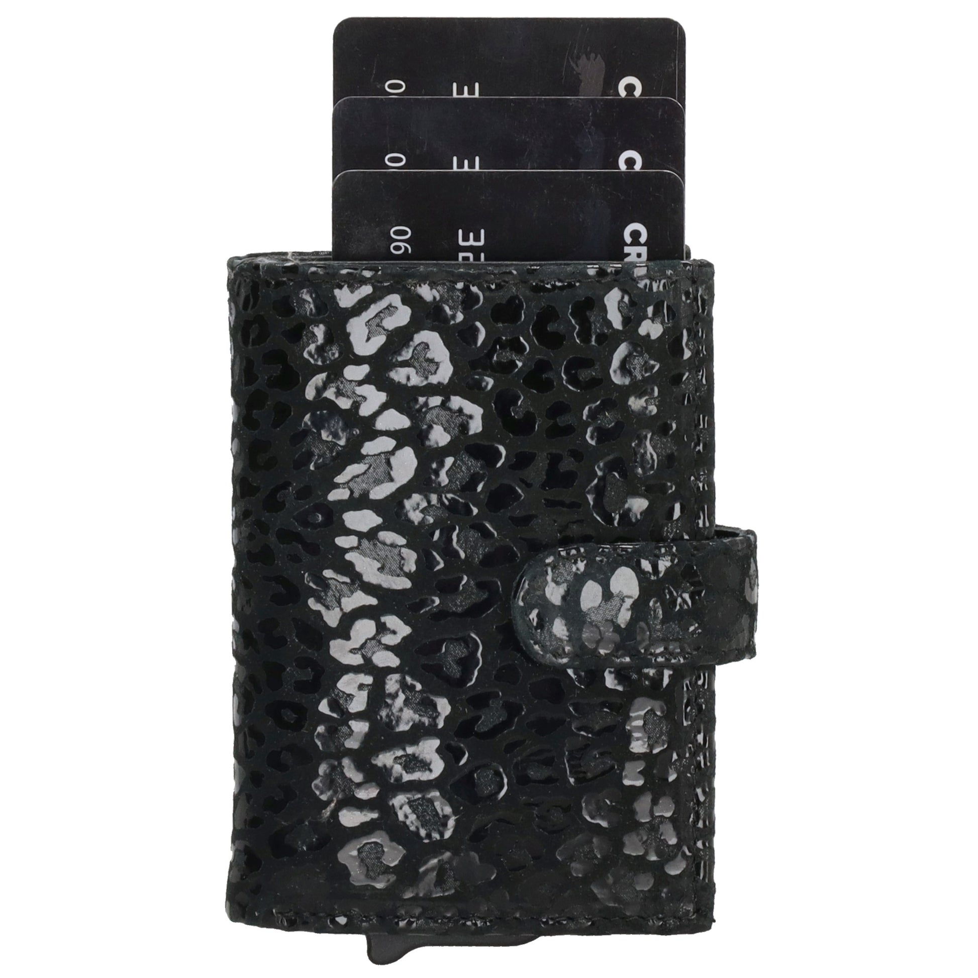 Kartenetui| Safty Wallet 7x10cm in Leo-Optik Schwarz-Metallic mit Druckknopf - leder-accessoires.com