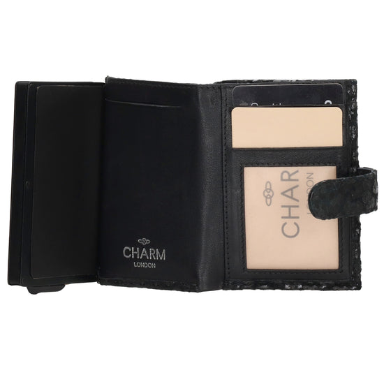 Kartenetui| Safty Wallet 7x10cm in Leo-Optik Schwarz-Metallic mit Druckknopf - leder-accessoires.com