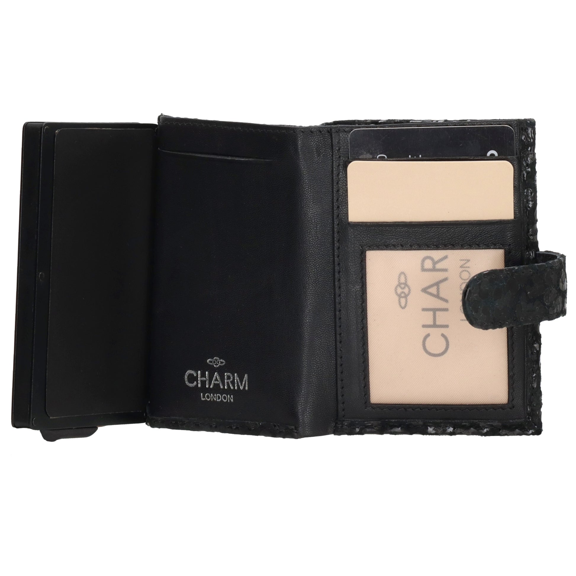 Kartenetui| Safty Wallet 7x10cm in Leo-Optik Schwarz-Metallic mit Druckknopf - leder-accessoires.com