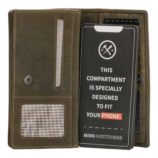 Lederbörse|Handyfähig 15,5x9cm in Oliv mit Überschlag und RFID-Schutz - leder-accessoires.com