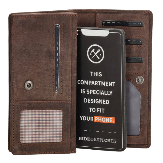 Lederbörse|Handyfähig 15,5x9cm in Braun mit Überschlag und RFID-Schutz - leder-accessoires.com