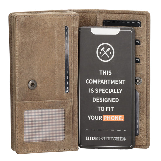 Lederbörse|Handyfähig 15,5x9cm in Taupe mit Überschlag und RFID-Schutz - leder-accessoires.com
