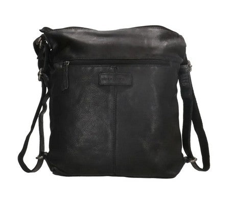 Tasche zum Rucksack aus Leder in Schwarz mit Vortasche