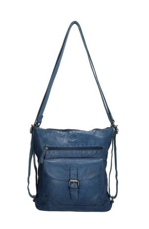 Tasche zum Rucksack aus Leder in Blau mit Vortasche