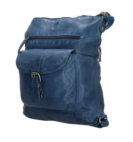 Tasche zum Rucksack aus Leder in Blau mit Vortasche