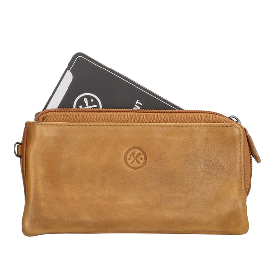 Lederbörse|Handyfähig 18,5x9cm in Ocker|Senfgelb mit Reißverschluss und RFID-Schutz - leder-accessoires.com