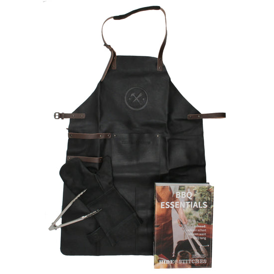 Lederschürze zum Grillen in Schwarz mit Lederhandschuh und Zange - leder-accessoires.com