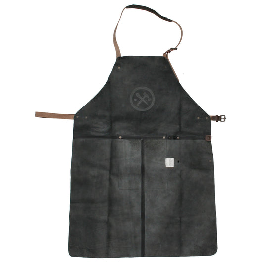 Lederschürze zum Grillen in Schwarz mit Lederhandschuh und Zange