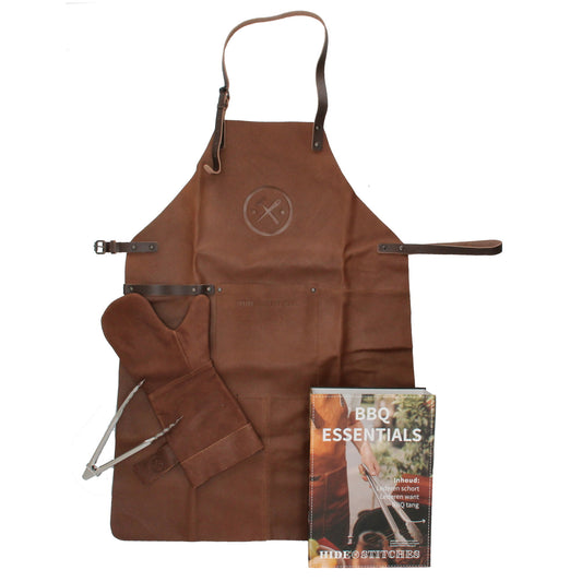 Lederschürze zum Grillen in Braun mit Lederhandschuh und Zange