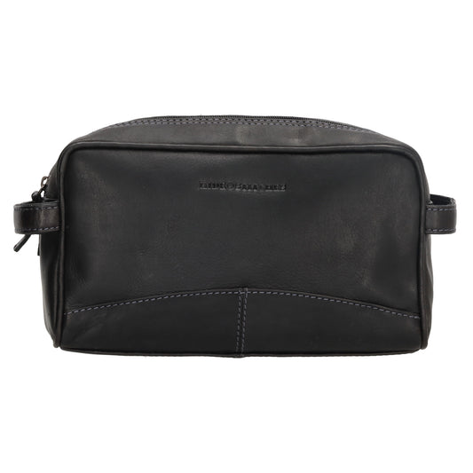 Kulturtasche 25x15cm in Schwarz aus Leder mit zwei Fächern