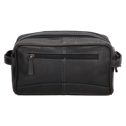 Kulturtasche 25x15cm in Schwarz aus Leder mit zwei Fächern